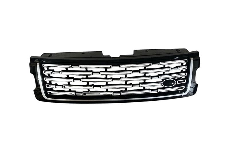 Front Grill2018 Black Frame Gray Stripe Gray Strip with reference OE replacement number LR098080. Bodyshell - Doors - Locks - Moldings catalog part. Land Rover fitment: Range Rover L322 (2002-2009), Range Rover L405 (2013 >), models.